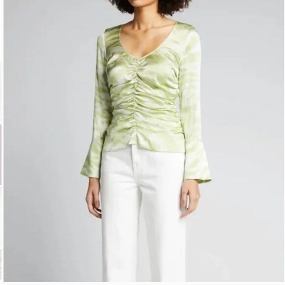 Ganni Ruched Organic Silk-Blend Top Green Zebra Print Size 36 - Picture 2 of 7